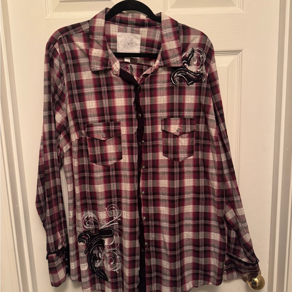 Maurices Burgundy and Black Plaid Shirt with Embroidery